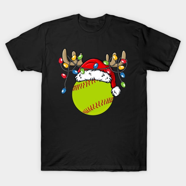 Softball With Santa Hat Reindeer Antlers Christmas Lights T-Shirt by Kimko